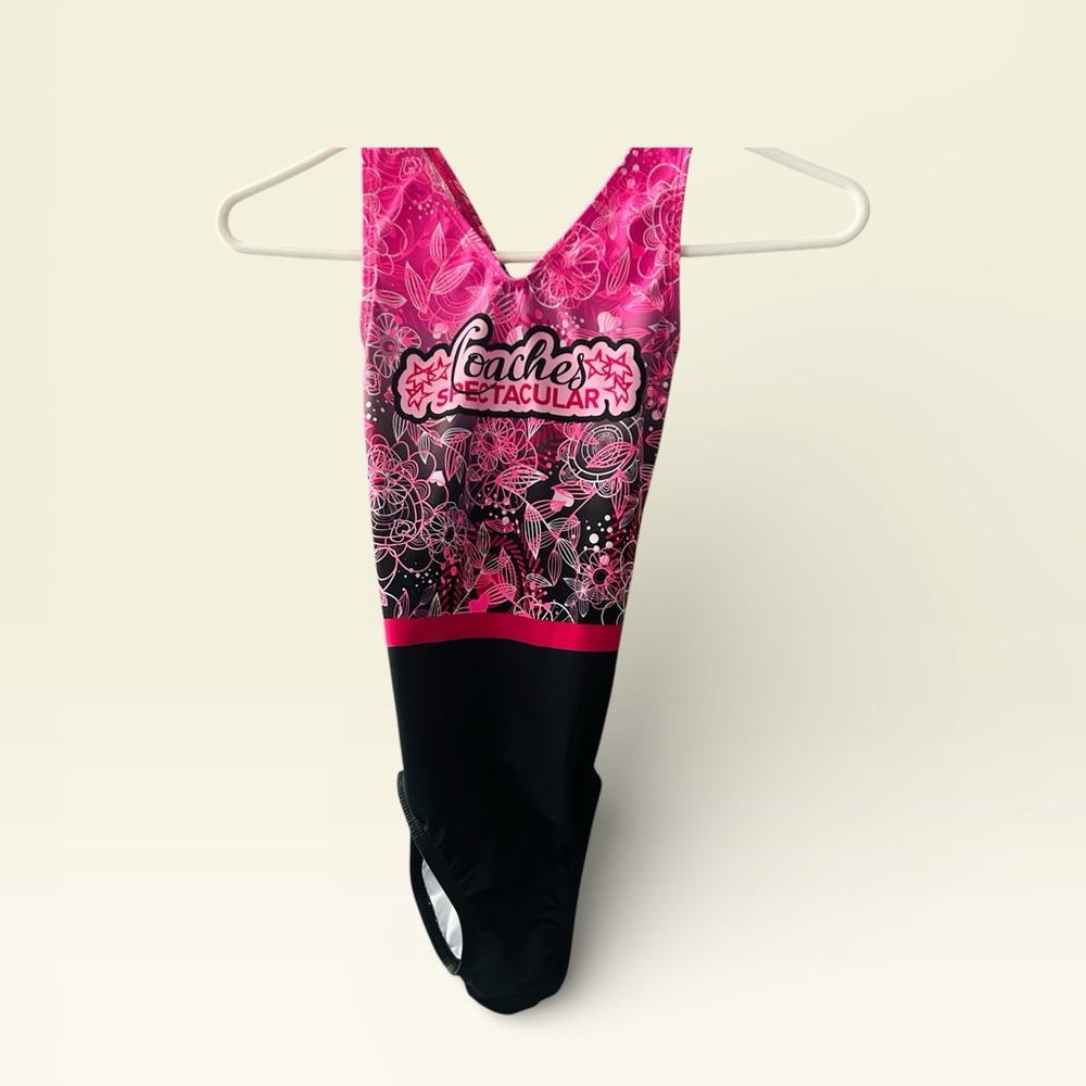 GK Elite Gymnastics Leotard Adult Small Pink Black Floral Coaches Spectacular